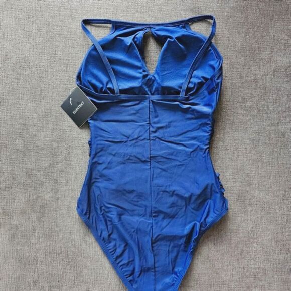 Ellen Tracy Women's Navy Blue Keyhole High Neck One Piece Swimsuit Size 12 - Picture 7 of 9